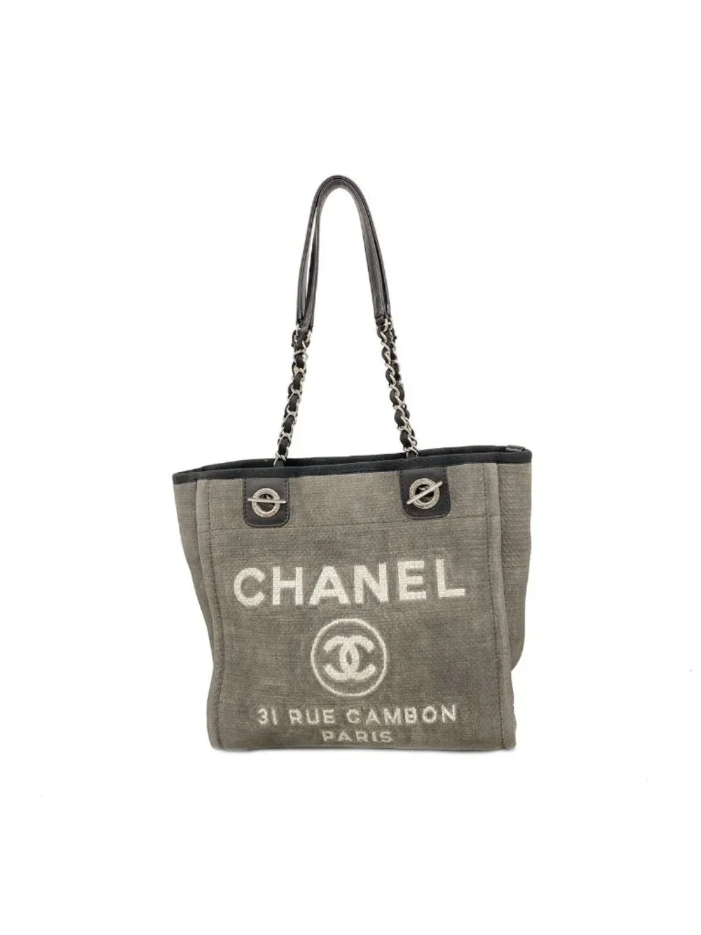 Chanel Chain Tote Bag Deauville Canvas Gray Silver